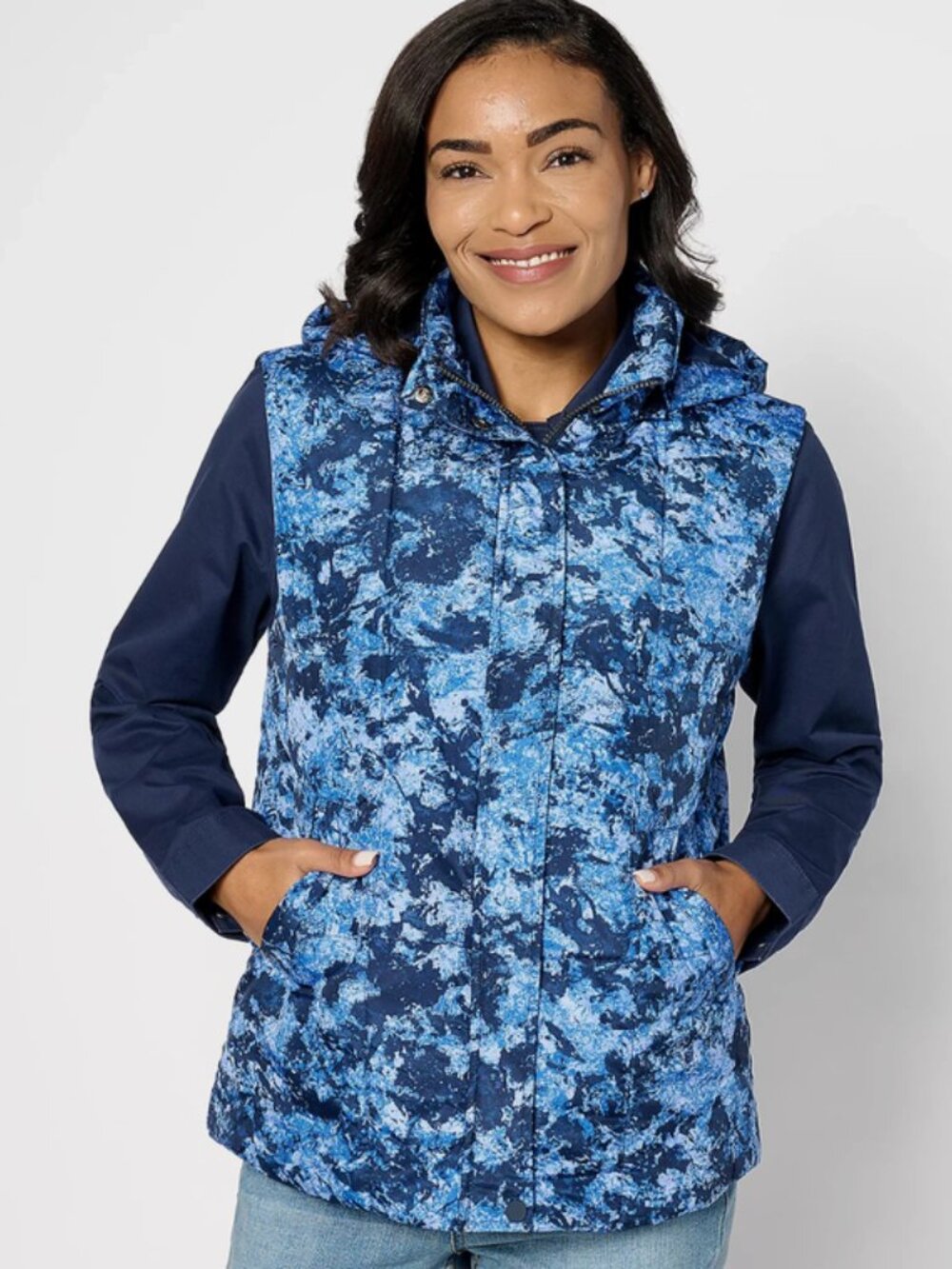 Susan Graver Weekend Printed Woven Quilted Vest with Hood Blue Texture Small